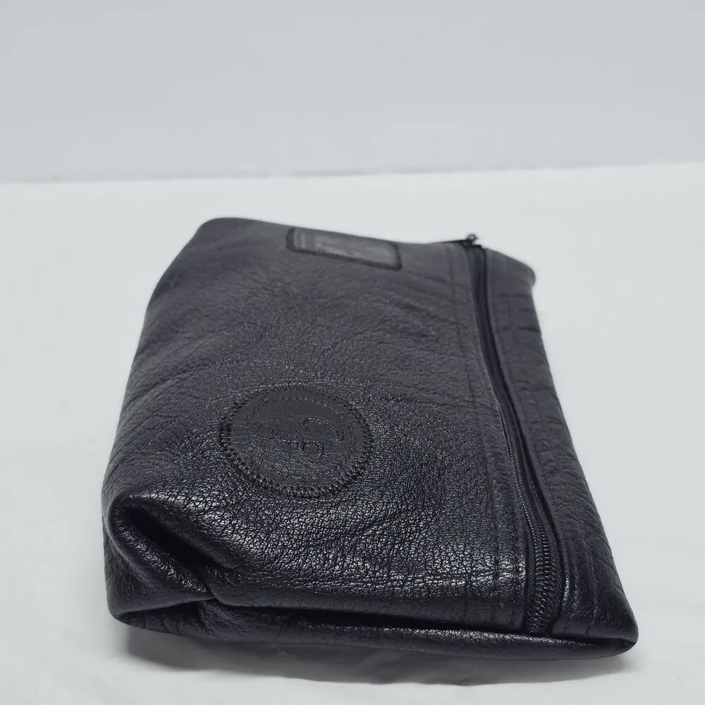 Vintage Carlos Falchi The Buffalo Black Leather Zip Pouch Travel Cosmetic Bag